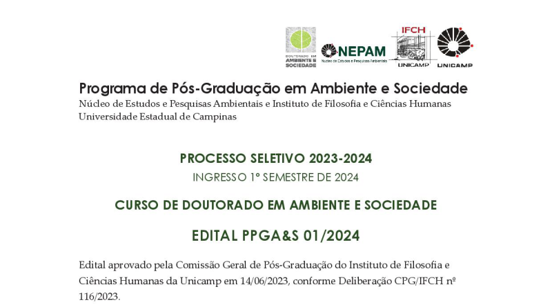 Processo Seletivo 2023/2024 – Doutorado PPG Ambiente e Sociedade – Atualização